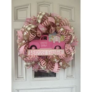 Easter Bunny Deco Mesh & Ribbon Spring Wreath Front Door Hanger Home Decor